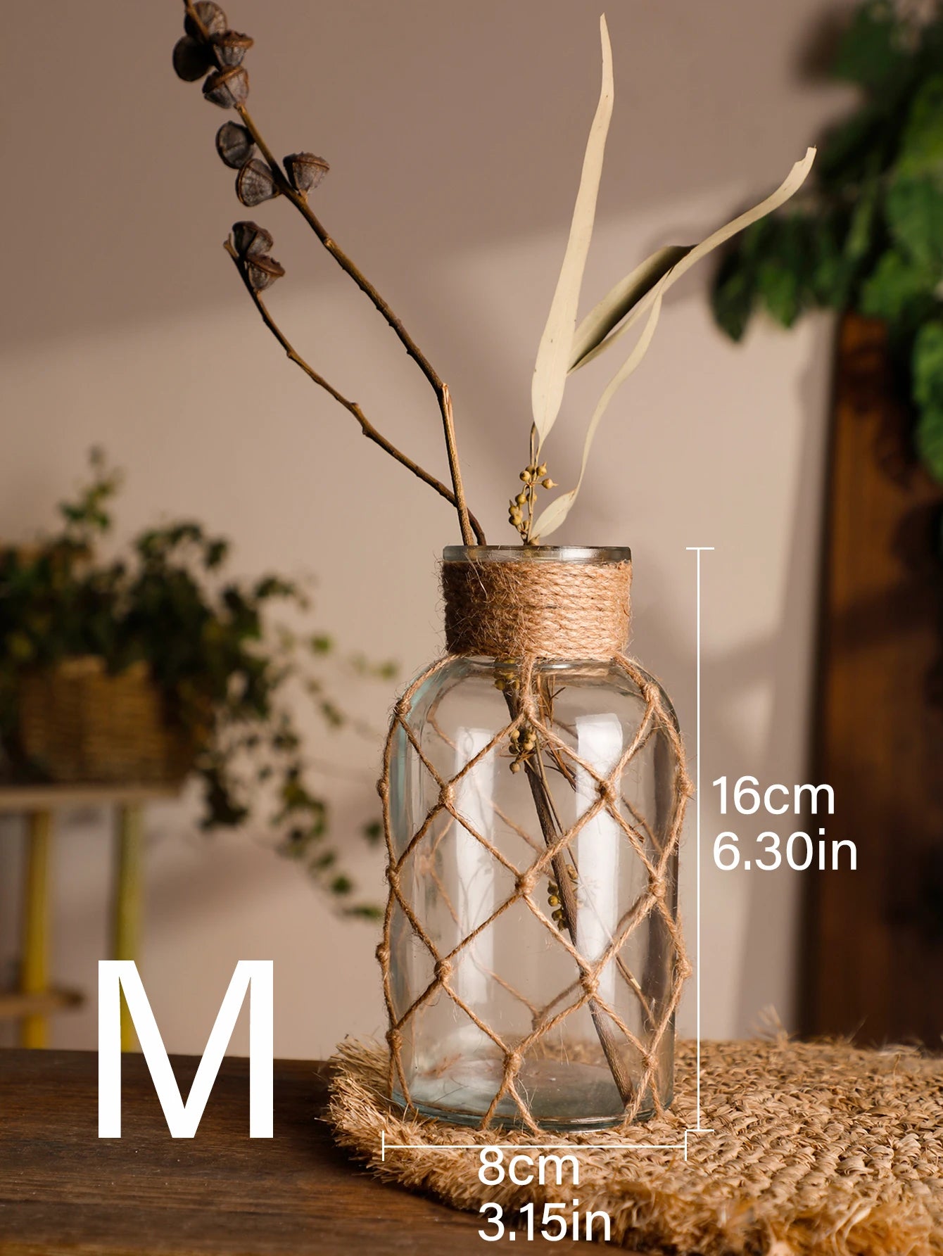 Hand Woven Hemp Rope Glass Vase Boho