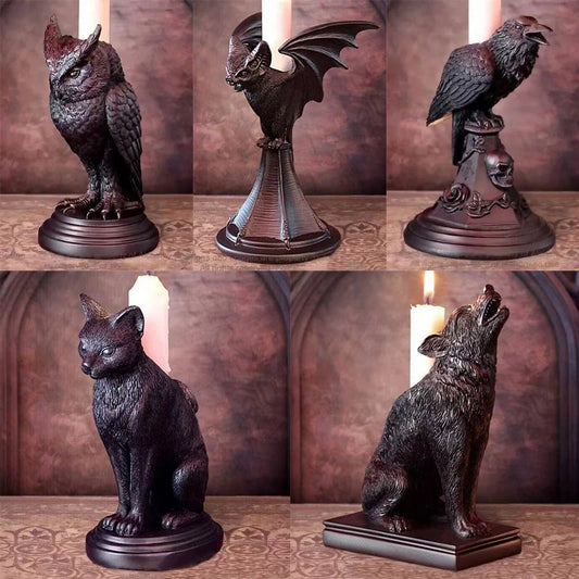 Retro Gothic Animal Candle Holder - Black Owl/Bat/Wolf/Crow/Cat