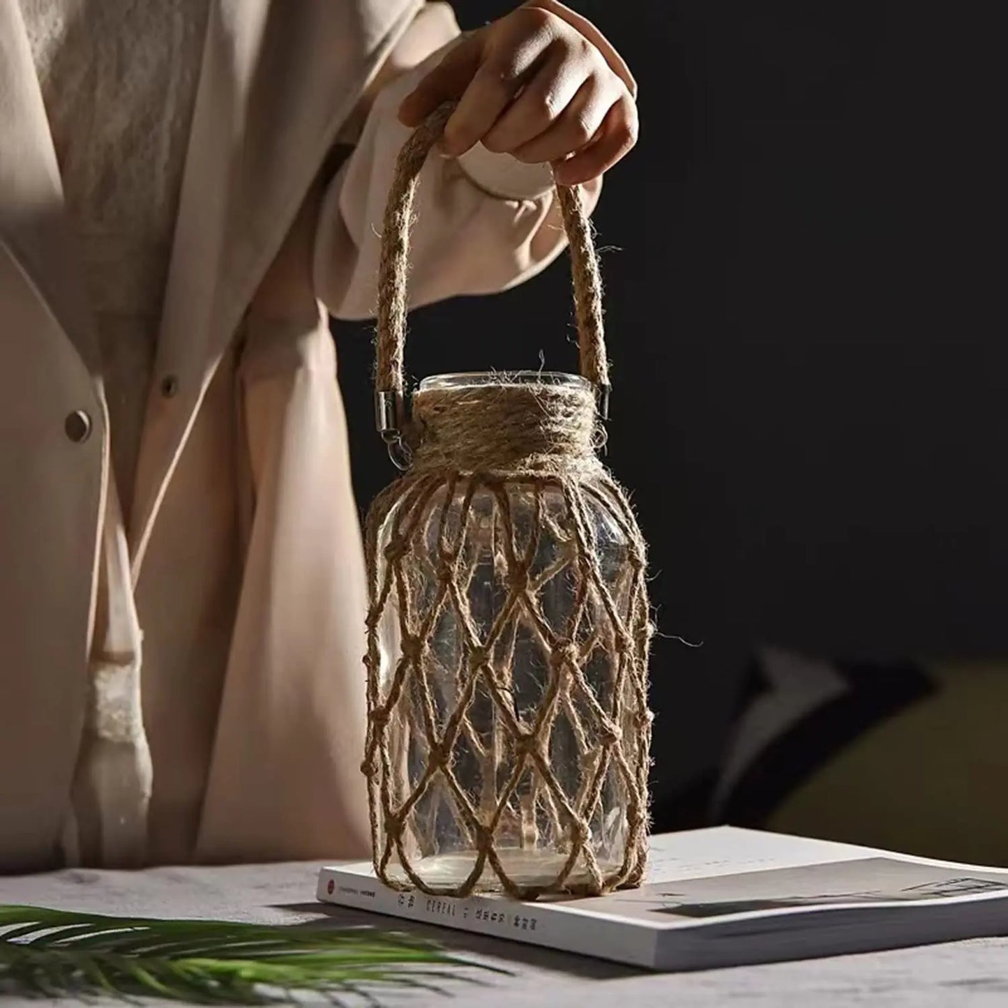 Hand Woven Hemp Rope Glass Vase Boho